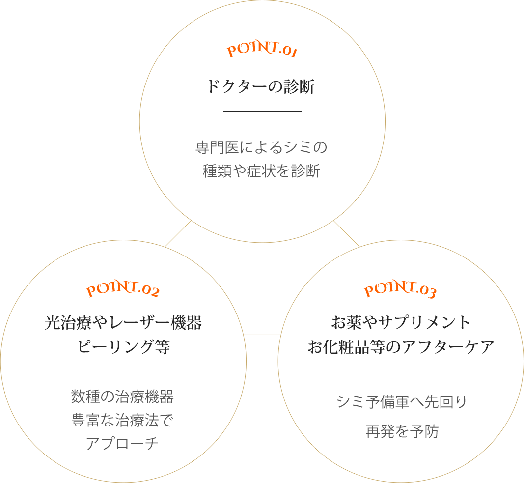 ドクターの診断、光治療やレーザー機器・ピーリングなど、おくすりやサプリメント・お化粧品等のアフターケア